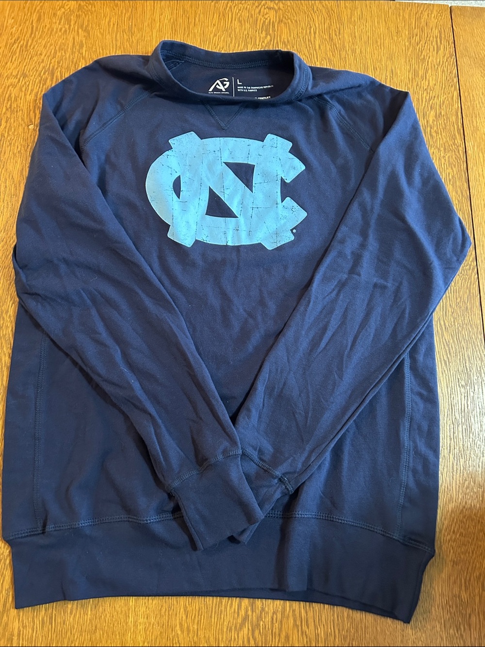 Men’s Navy Crewneck long sleeve tshirt (heavyweight)with Light Blue Logo